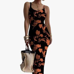 Black and Orange Sleeveless Bodycon Maxi Dress